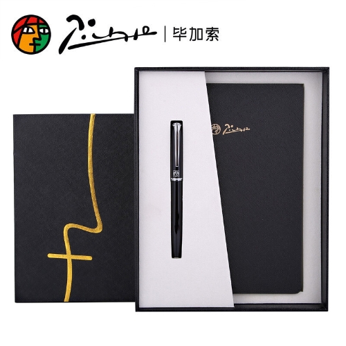 毕加索（pimio）P503中型记事本 商务A5笔记本子工作笔记本皮面 916纯黑宝珠笔+记事本套装
